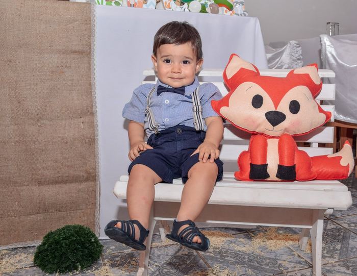 Nene sentado en un banco junto a un zorro de peluche, en su primer añito